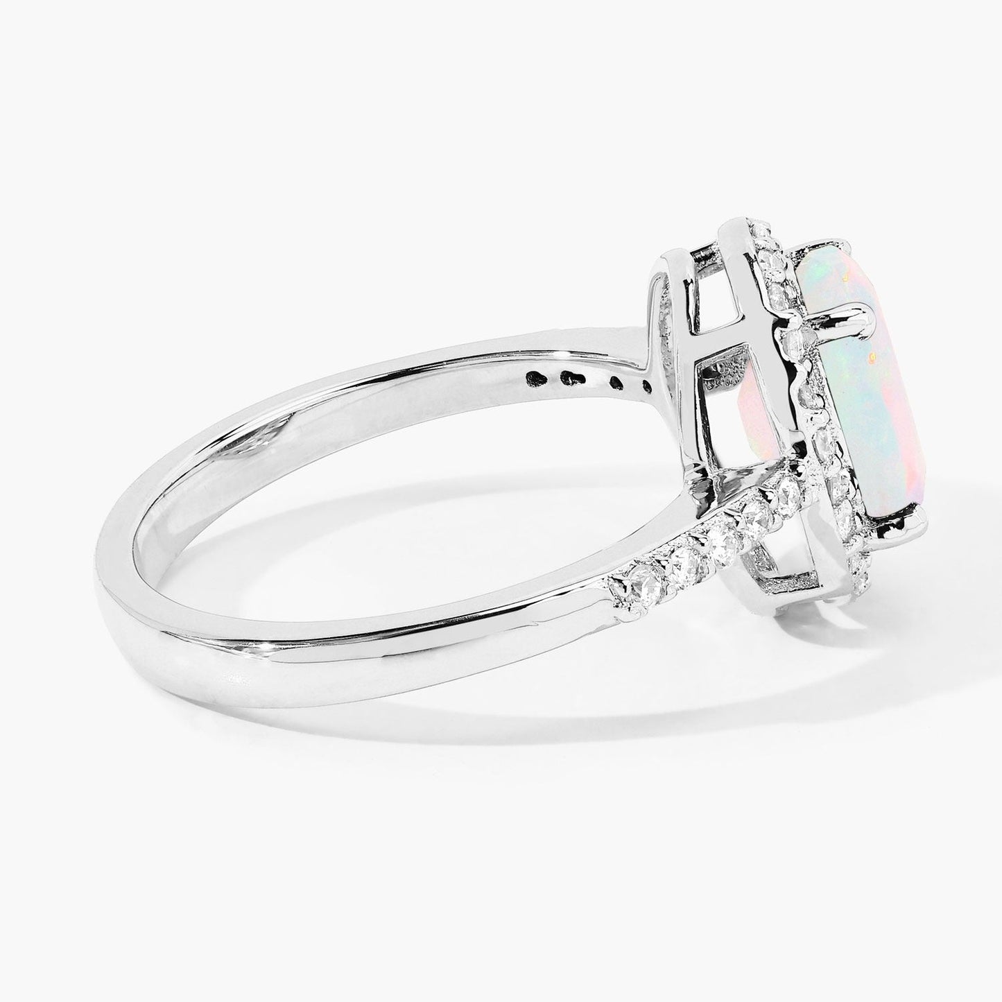 0.90 Ct Oval White Ethiopian Opal and Lab Diamond Prong Silver Halo Pave Ring