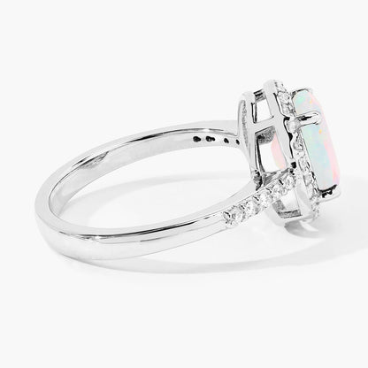0.90 Ct Oval White Ethiopian Opal and Lab Diamond Prong Silver Halo Pave Ring