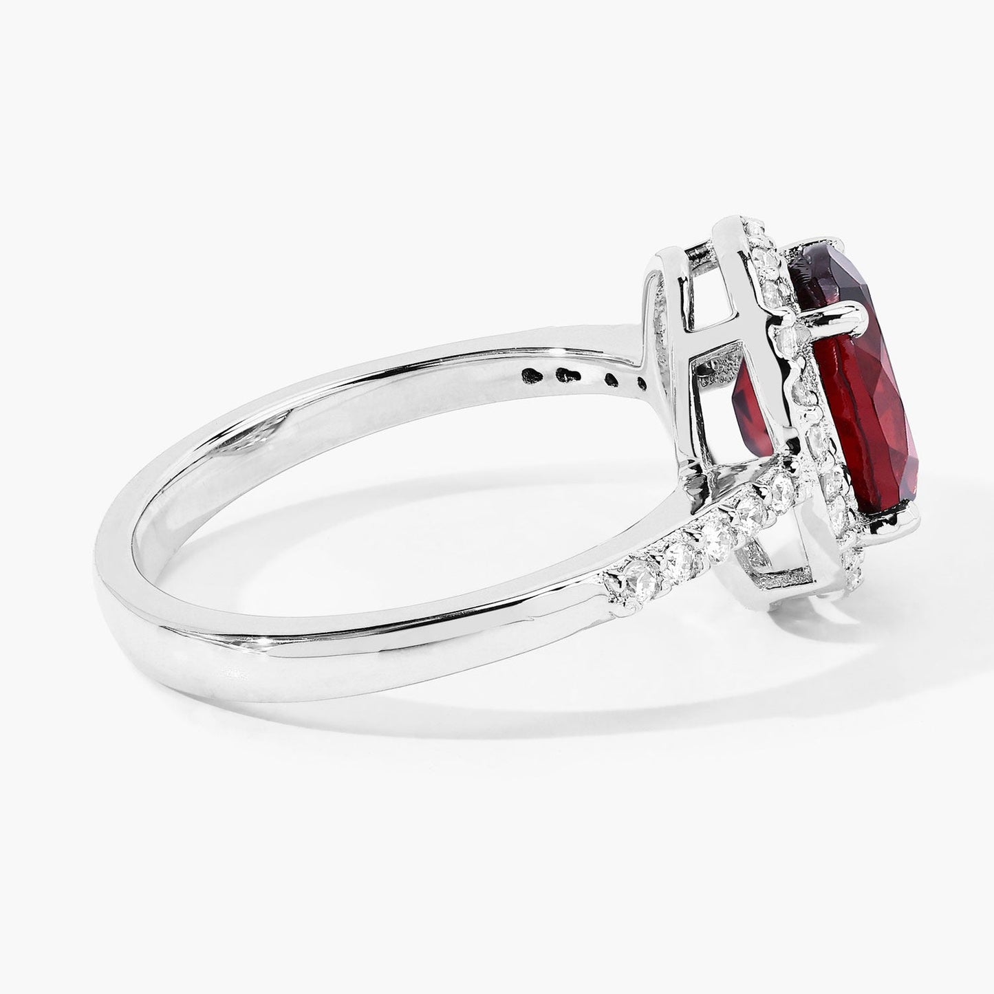 2 Ct Oval Red Mozambique Garnet and Lab Diamond Prong Silver Halo Pave Ring