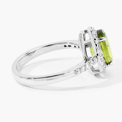1.70 Ct Oval Green Peridot and Lab Diamond Prong Silver Halo Pave Ring