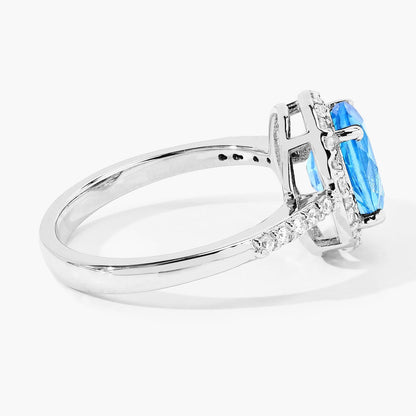 2 Ct Oval Swiss Blue Topaz and Lab Diamond Prong Silver Halo Pave Ring