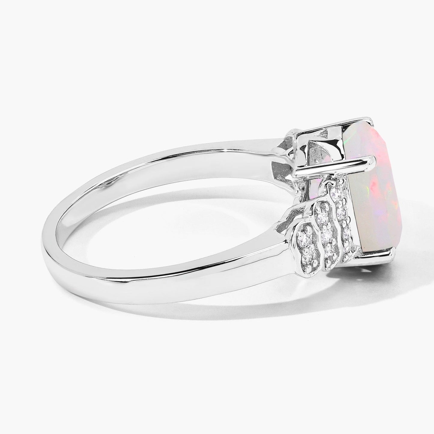 1.56 Ct Oval White Ethiopian Opal & Lab Diamond Prong Silver Bridge Ring