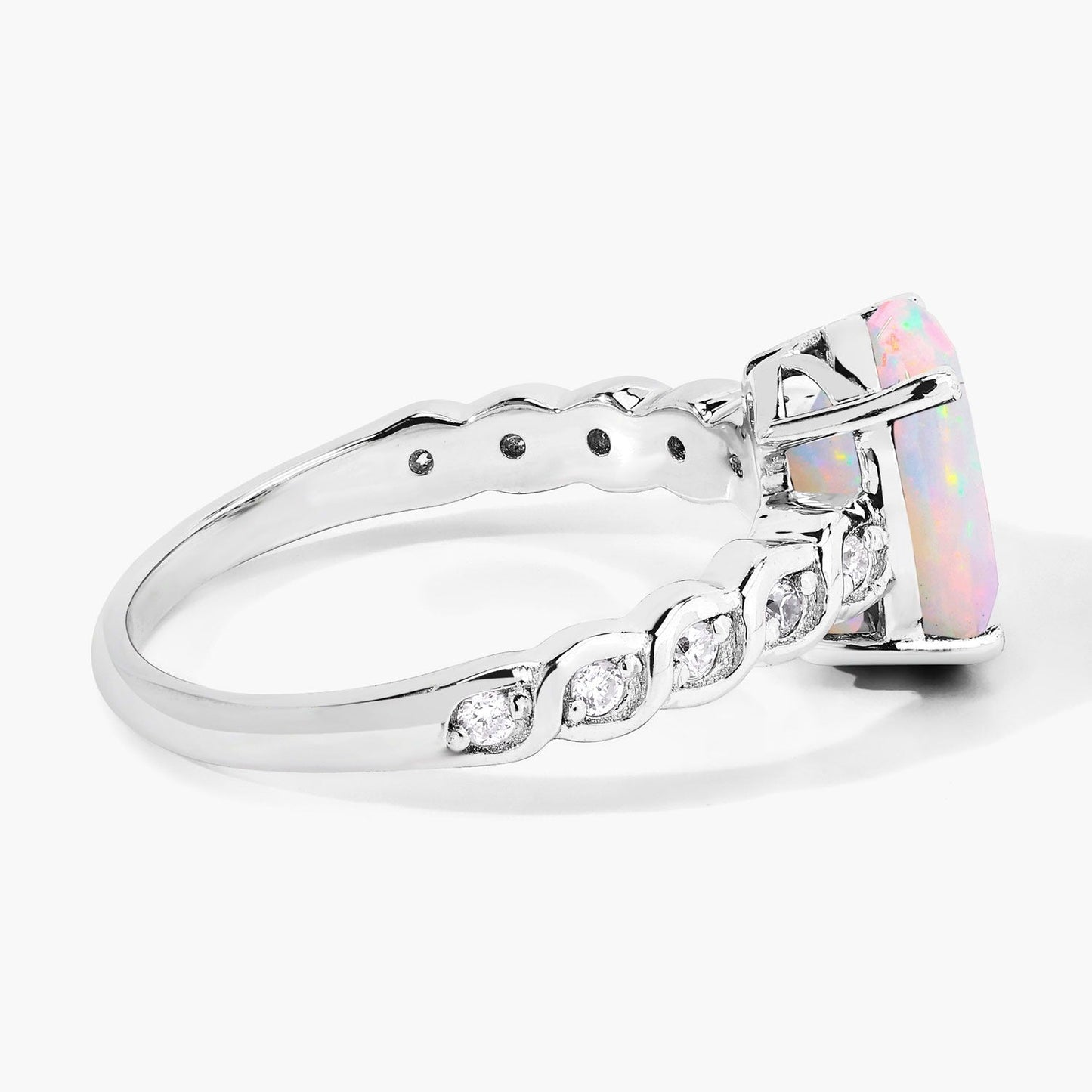 1.56 Ct Oval White Ethiopian Opal and Lab Diamond Prong Silver Bridge Ring