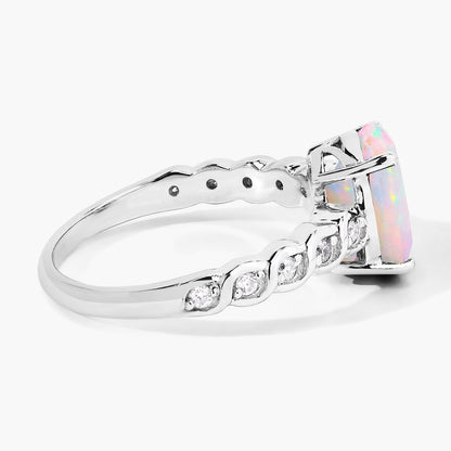 1.56 Ct Oval White Ethiopian Opal and Lab Diamond Prong Silver Bridge Ring