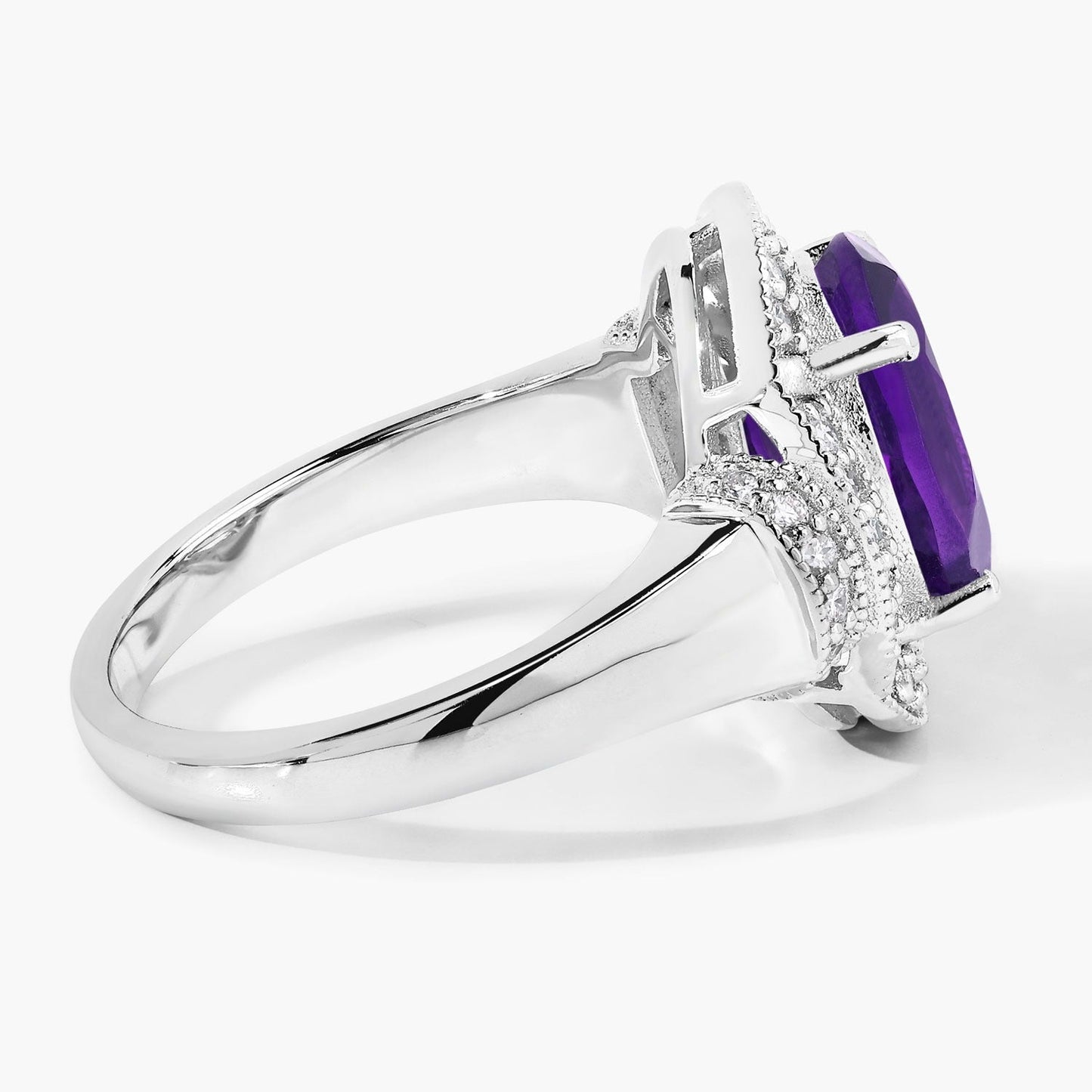 3.20 Ct Oval Purple Amethyst and Lab Diamond Prong Silver Halo Statement Ring