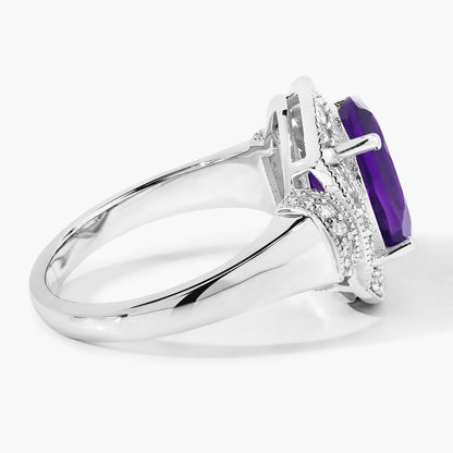 3.20 Ct Oval Purple Amethyst and Lab Diamond Prong Silver Halo Statement Ring