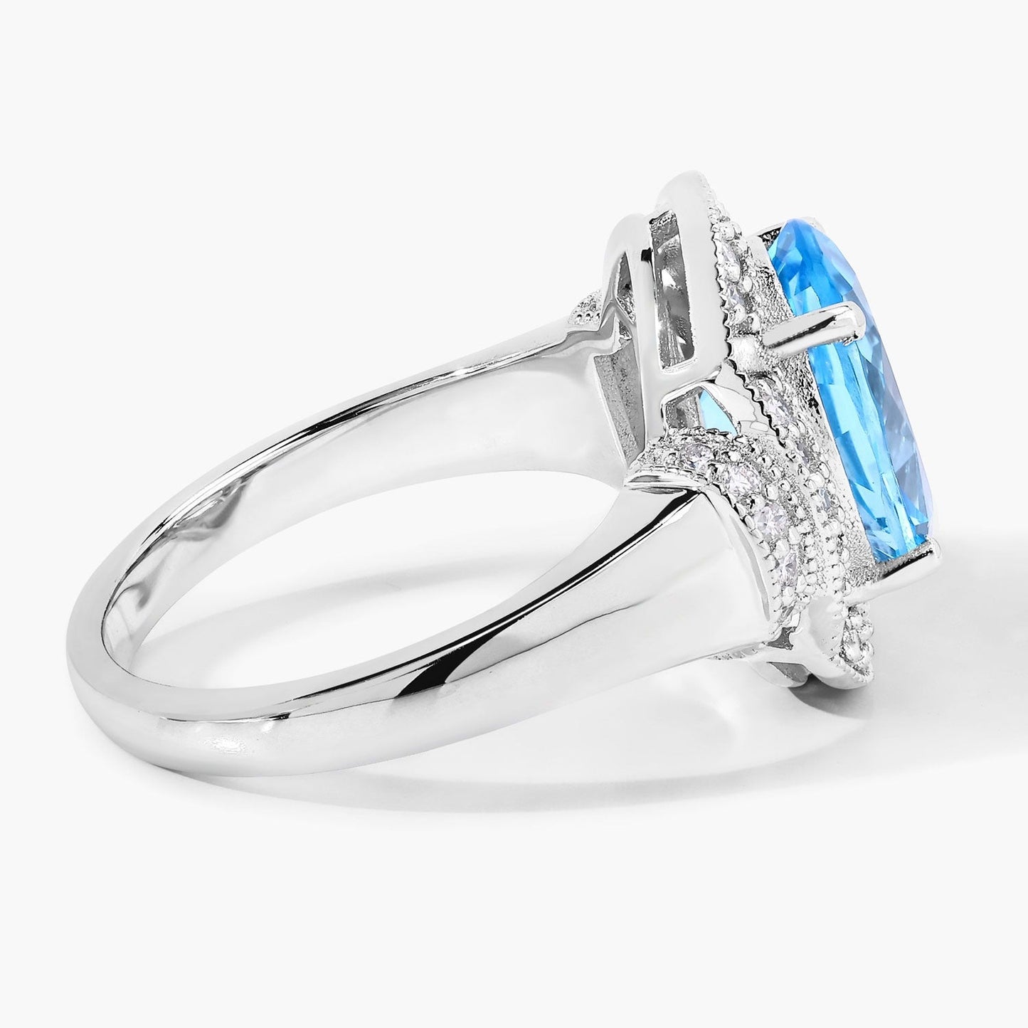 4 Ct Oval Swiss Blue Topaz and Lab Diamond Silver Halo Statement Ring