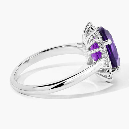3.20 Ct Oval Purple Amethyst and Lab Diamond Prong Silver Halo Ring