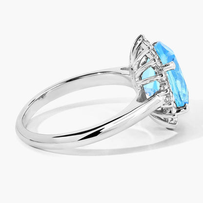 4 Ct Oval Swiss Blue Topaz and Lab Diamond Prong Silver Halo Ring