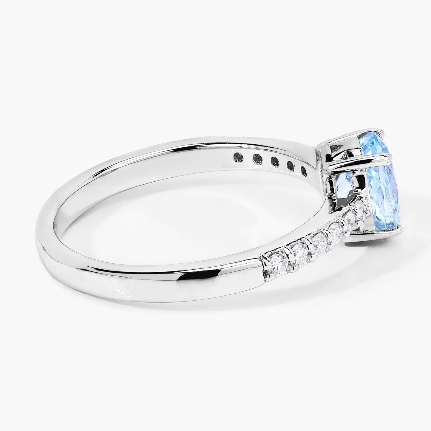 0.60 Ct Oval Blue Aquamarine and Lab Diamond Prong Silver Pave Band Ring