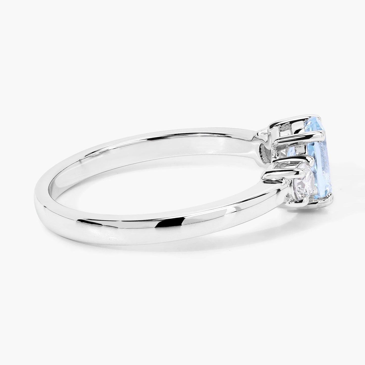 0.60 Ct Oval Blue Aquamarine and Lab Diamond Prong Silver Three Stone Ring