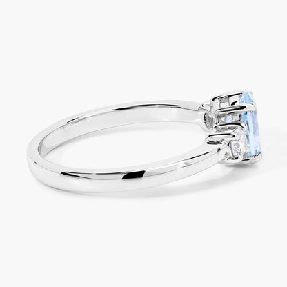 0.60 Ct Oval Blue Aquamarine and Lab Diamond Prong Silver Three Stone Ring