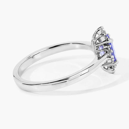 0.75 Ct Oval Violet Tanzanite and Lab Diamond Prong Silver Halo Statement Ring