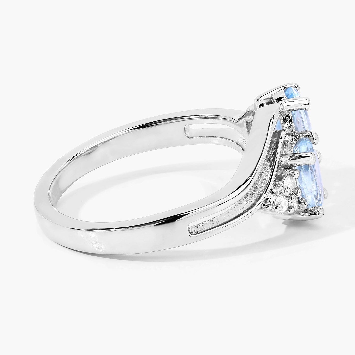 0.80 Ct Oval Blue Aquamarine and Lab Diamond Silver Bypass Promise Ring