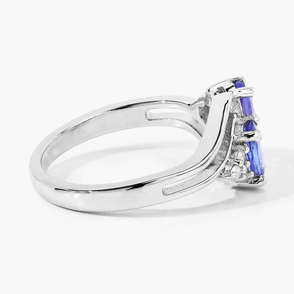 0.88 Ct Oval Violet Tanzanite and Lab Grown Diamond Prong Silver Bypass Ring