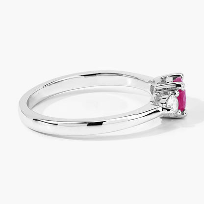 0.55 Ct Round Pink Mozambique Ruby & Lab Diamond Prong Silver Three Stone Ring