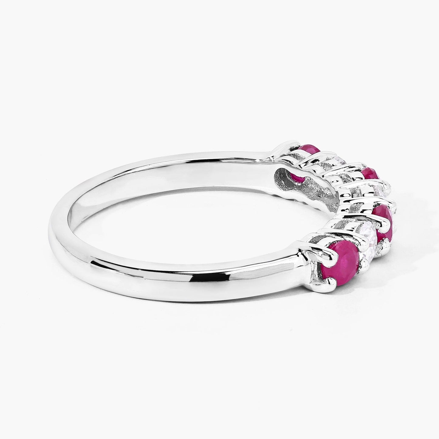 0.52 Ct Round Pink Mozambique Ruby and Lab Diamond Prong Silver 7 Stone Half Eternity Ring