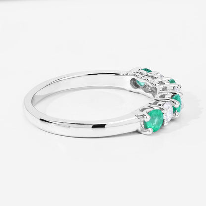0.40 Ct Round Green Zambian Emerald and Lab Diamond Prong Silver 7 Stone Half Eternity Ring