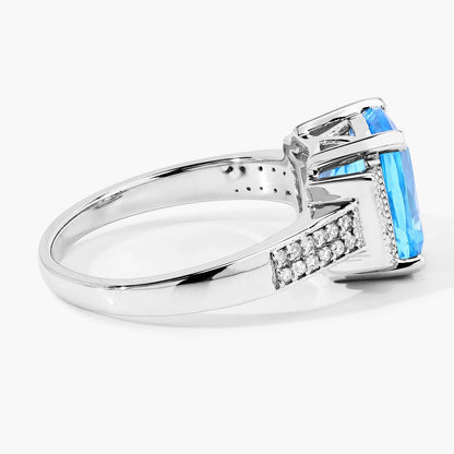 3.50 Ct Cushion Swiss Blue Topaz and Lab Diamond Prong Silver Statement Ring