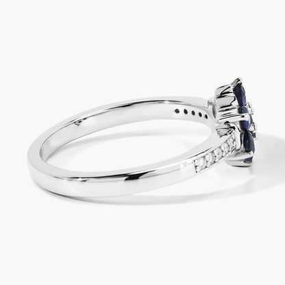 0.49 Ct Round Blue Sapphire and Lab Diamond Prong Silver Pave Floral Ring