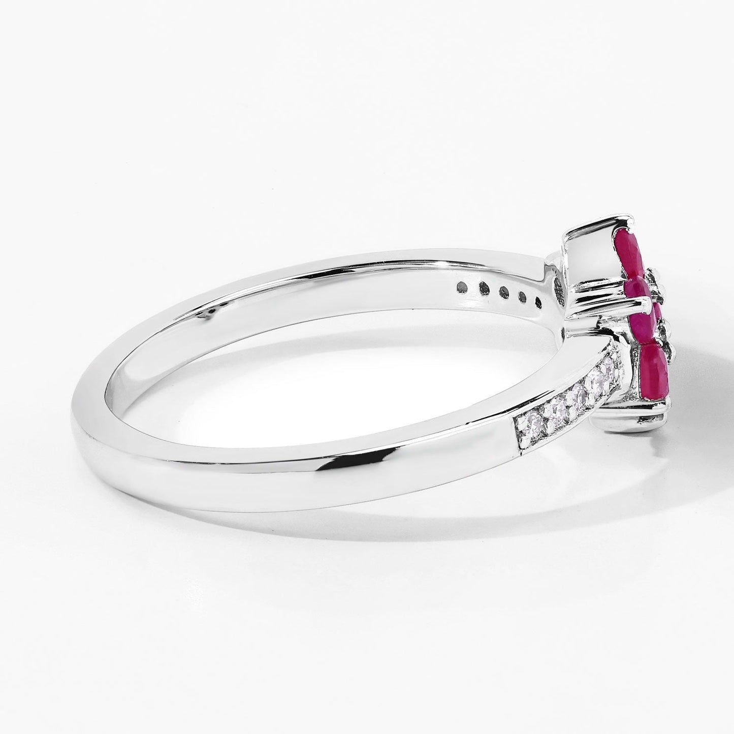 0.49 Ct Round Red Mozambique Ruby and Lab Diamond Prong Silver Pave Floral Ring
