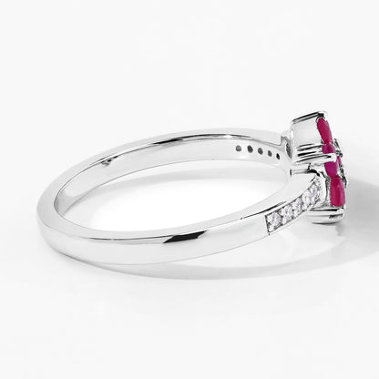 0.49 Ct Round Red Mozambique Ruby and Lab Diamond Prong Silver Pave Floral Ring
