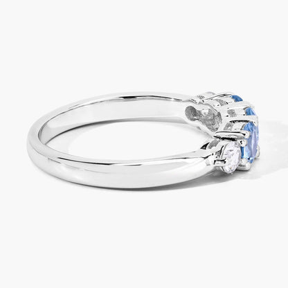0.66 Ct Round Blue Aquamarine and Lab Diamond Prong Silver Five Stone Ring