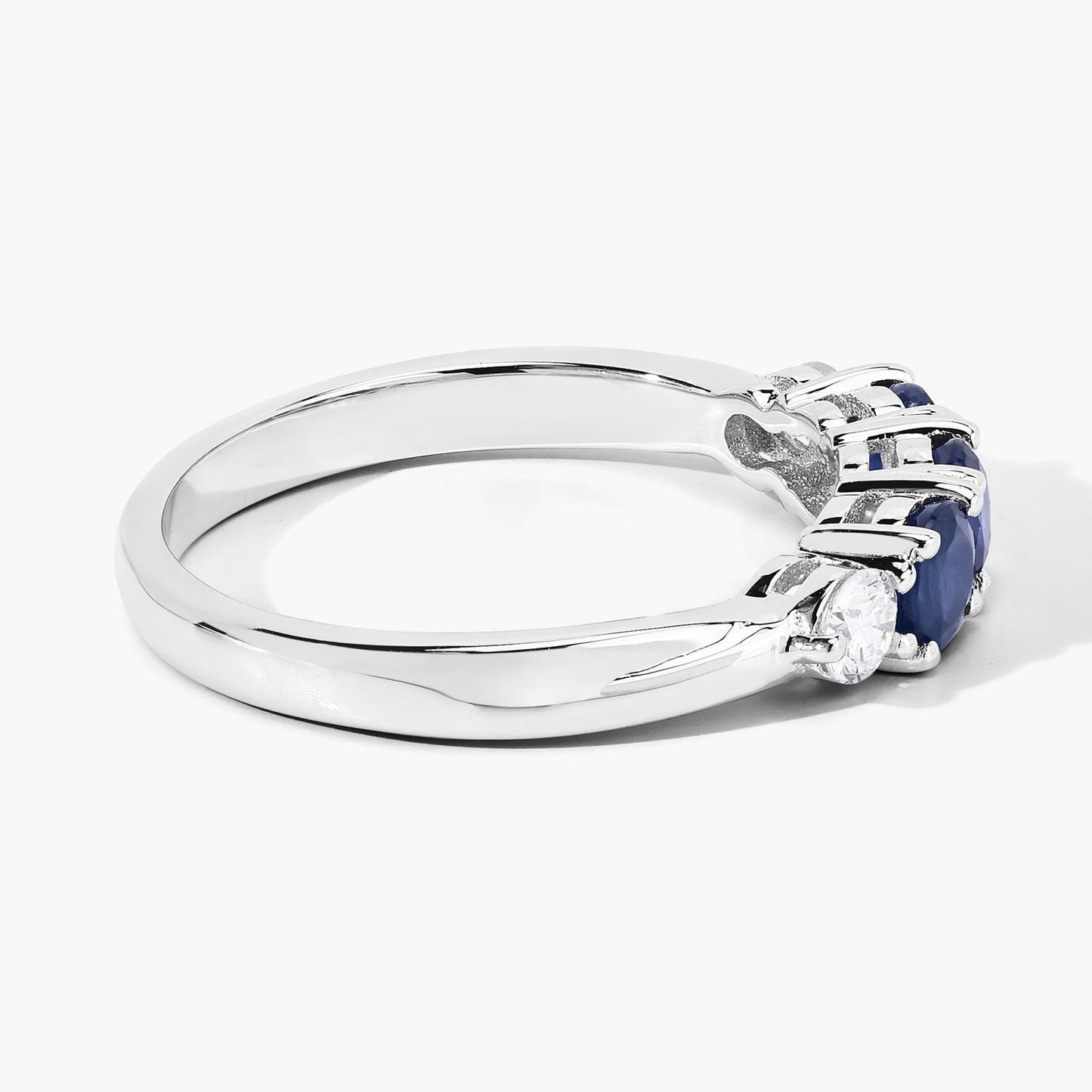 0.90 Ct Round Blue Sapphire & Lab Diamond Prong Silver Five Stone Ring