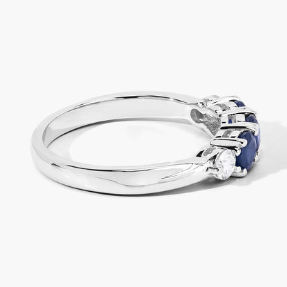 0.90 Ct Round Blue Sapphire & Lab Diamond Prong Silver Five Stone Ring