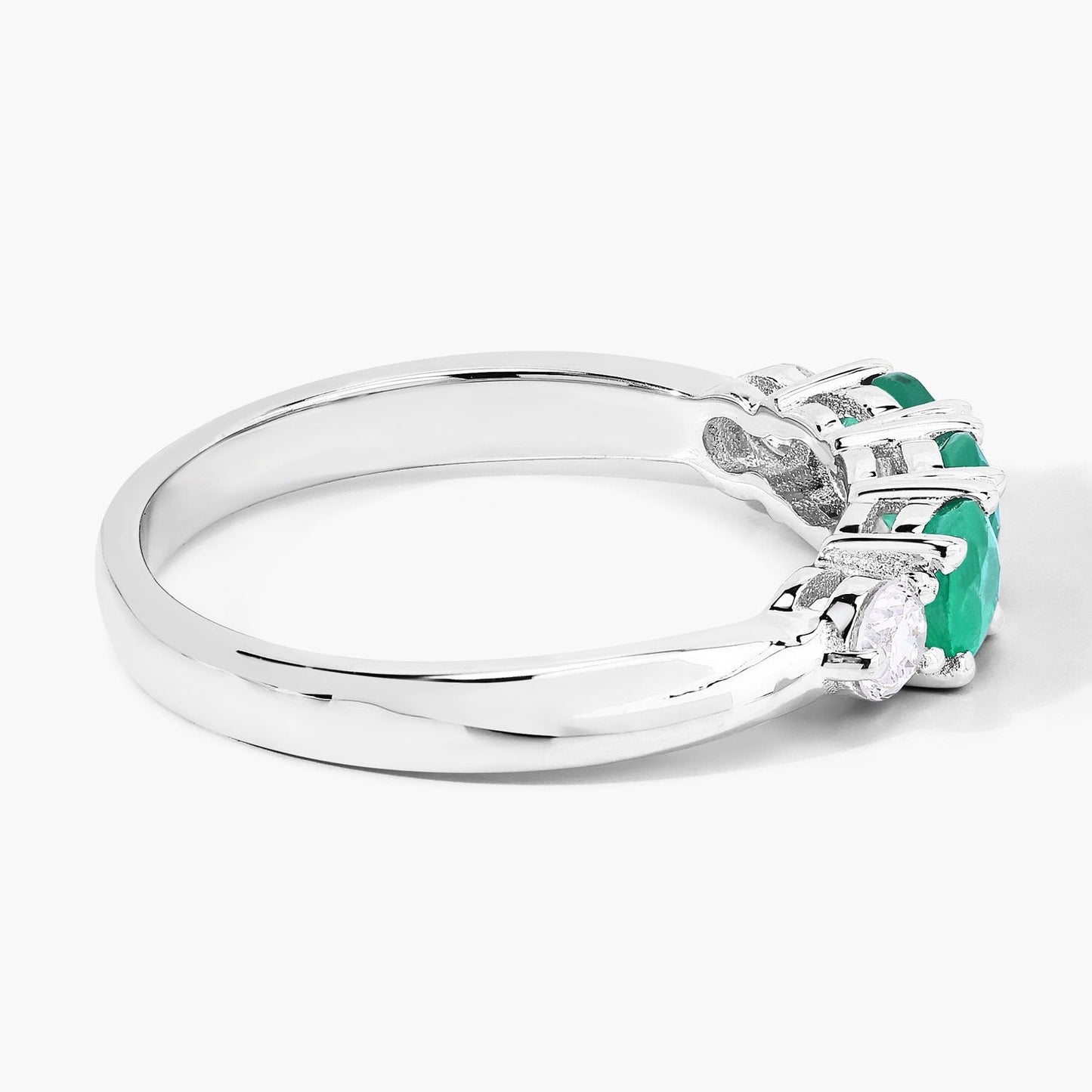 0.69 Ct Round Green Zambian Emerald & Lab Diamond Prong Silver Five Stone Ring