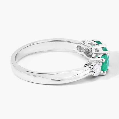 0.69 Ct Round Green Zambian Emerald & Lab Diamond Prong Silver Five Stone Ring