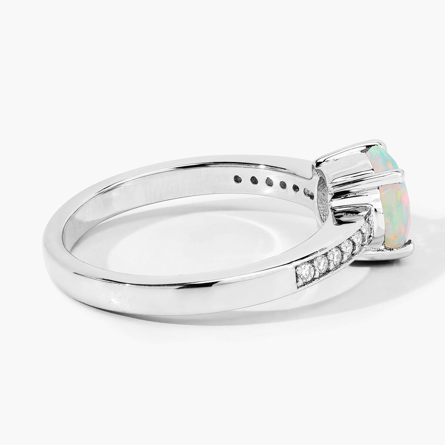 0.65 Ct Round White Ethiopian Opal & Lab Diamond Prong Silver Pave Bridge Ring