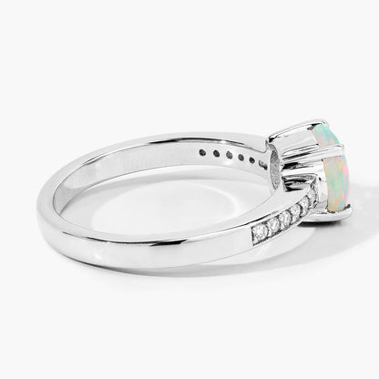 0.65 Ct Round White Ethiopian Opal & Lab Diamond Prong Silver Pave Bridge Ring
