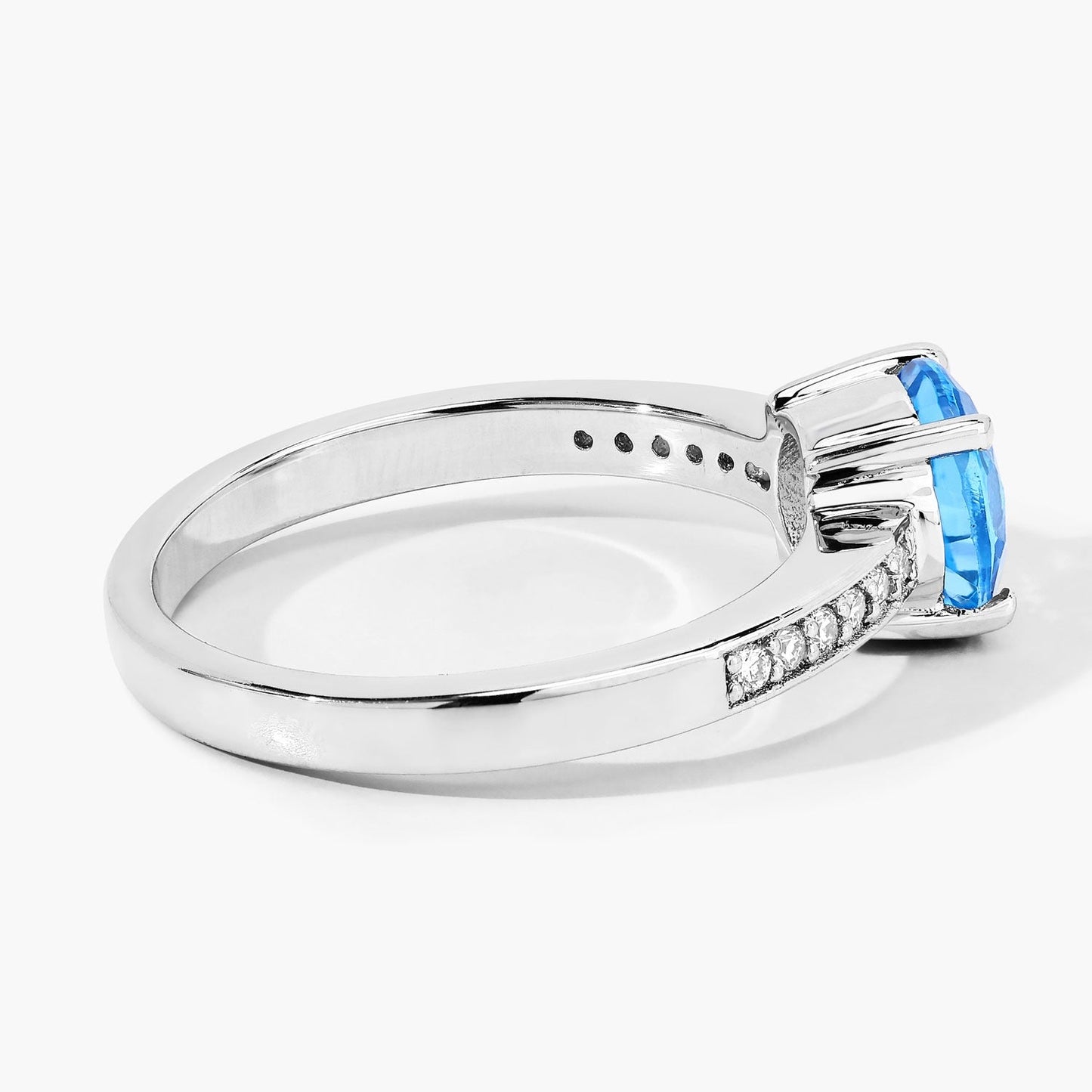1.48 Ct Round Swiss Blue Topaz & Lab Diamond Prong Silver Pave Bridge Ring
