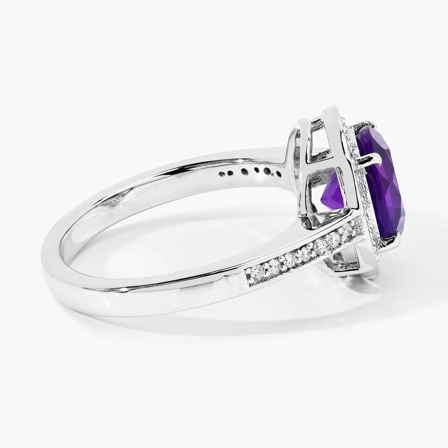 1.80 Ct Round Purple Amethyst & Lab Diamond Prong Silver Pave Halo Statement Ring