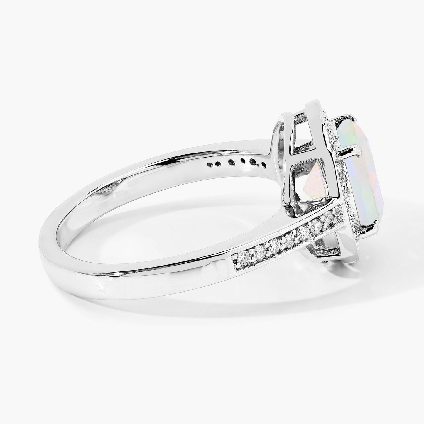 0.90 Ct Round White Ethiopian Opal Lab Diamond Prong Silver Pave Halo Ring