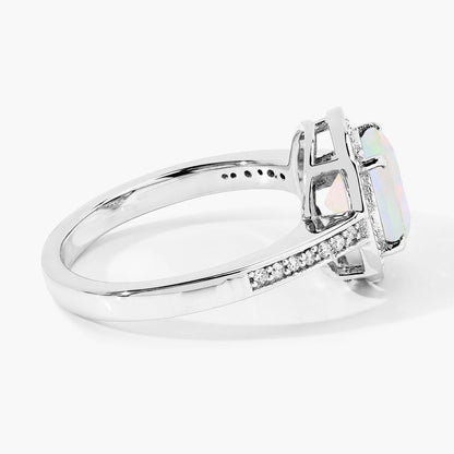 0.90 Ct Round White Ethiopian Opal Lab Diamond Prong Silver Pave Halo Ring