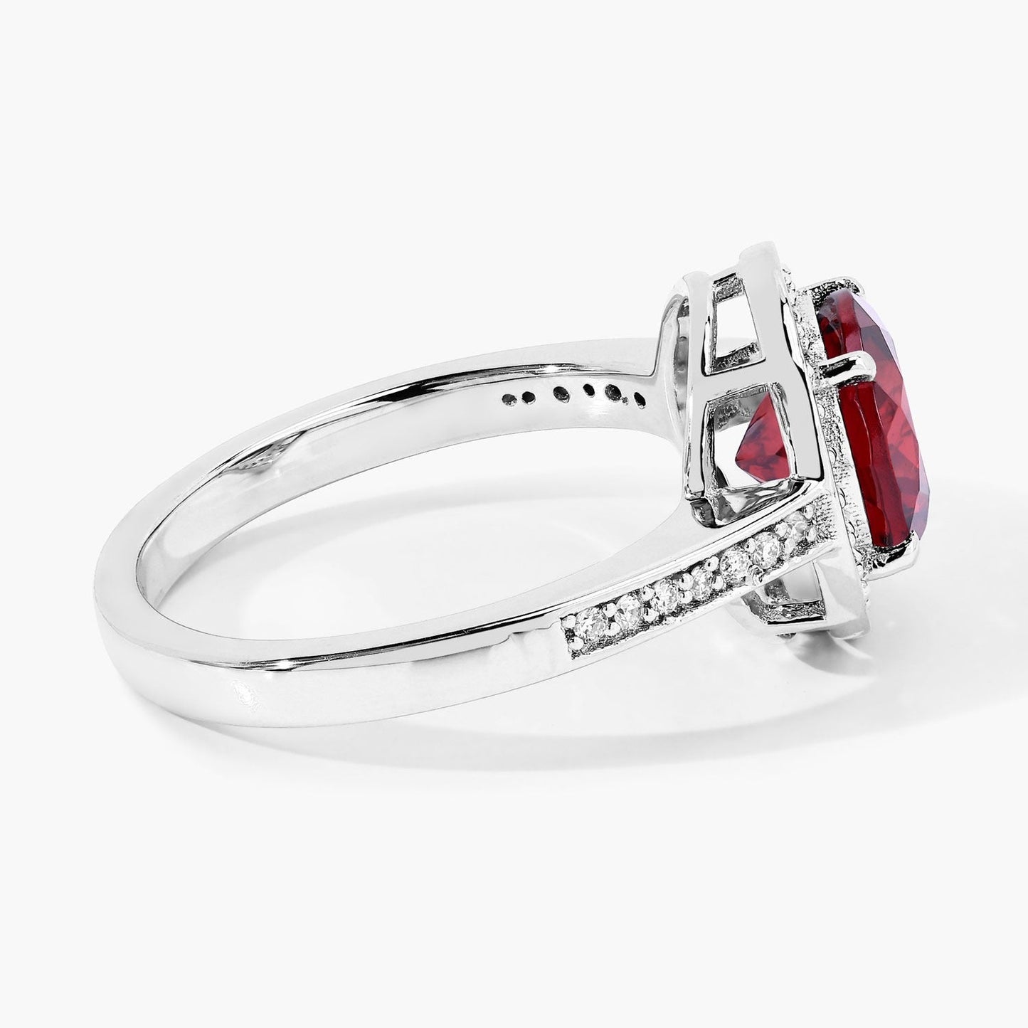 2.25 Ct Round Red Mozambique Garnet and Lab Diamond Prong Silver Pave Halo Ring