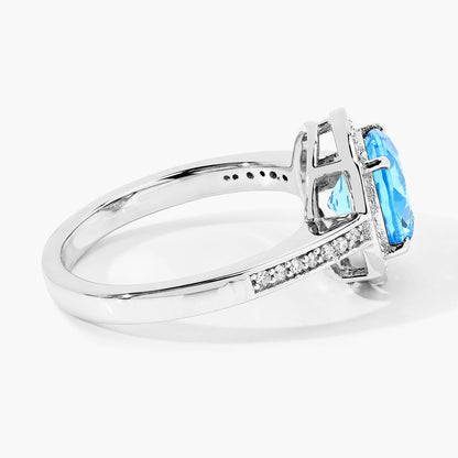 2.25 Ct Round Swiss Blue Topaz Lab Diamond Prong Silver Pave Halo Ring