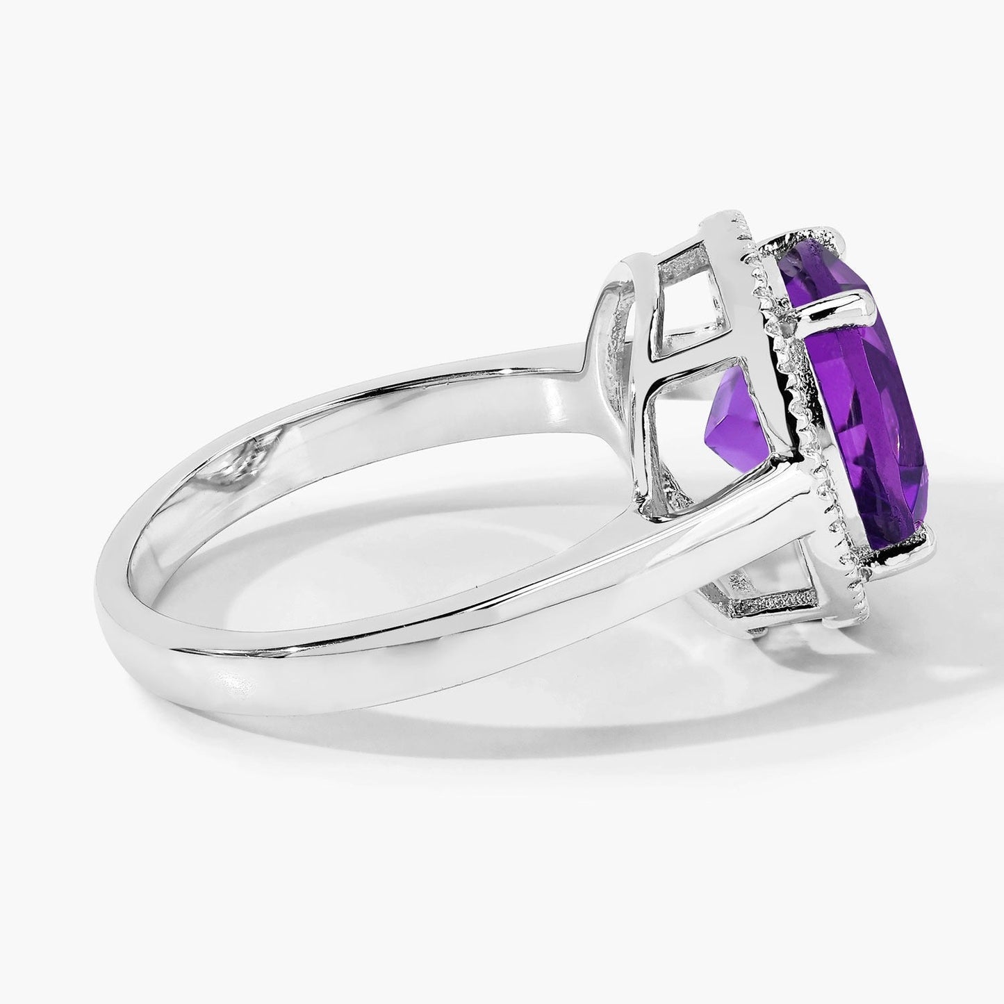 3.30 Ct Round Purple Amethyst Lab Diamond Prong Silver Halo Ring
