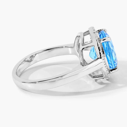 4 Ct Round Swiss Blue Topaz Lab Diamond Prong Silver Halo Ring
