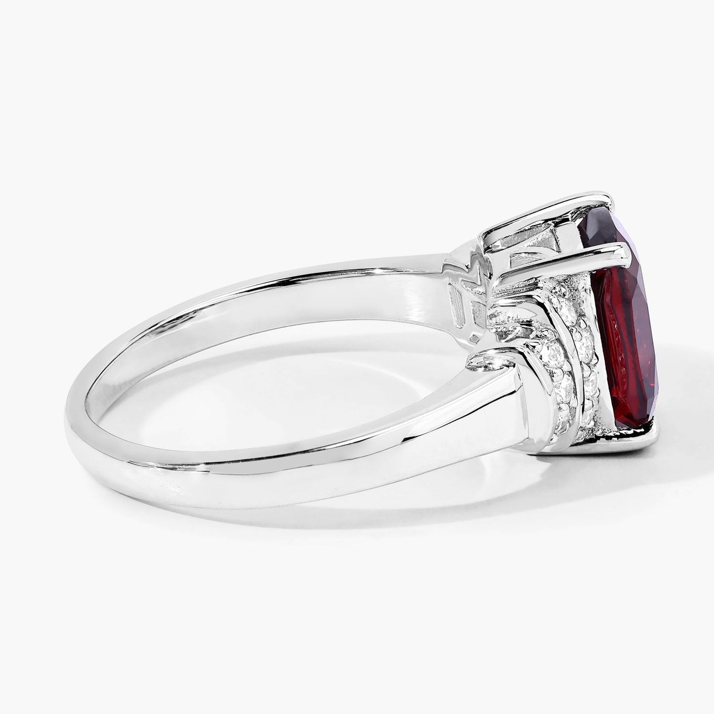 2.40 Ct Cushion Red Mozambique Garnet and Lab Diamond Prong Silver Bridge Ring