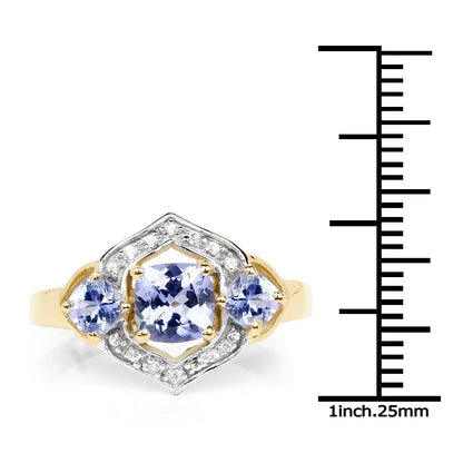 1.58 Ct Cushion Violet Tanzanite Prong Yellow Gold Plated Silver Halo Three Stone Ring