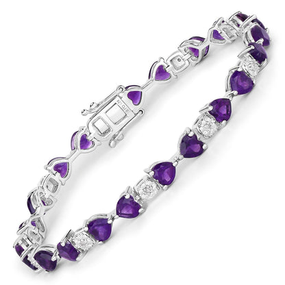 9.46 Ct Heart Purple Amethyst and Diamond Silver Tennis Bracelet