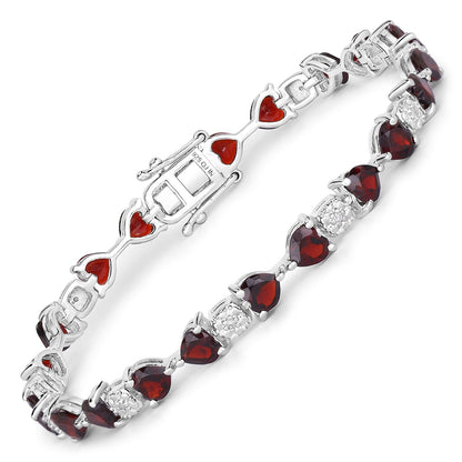 11 Ct Heart Red Garnet and Diamond Prong Silver Tennis Bracelet
