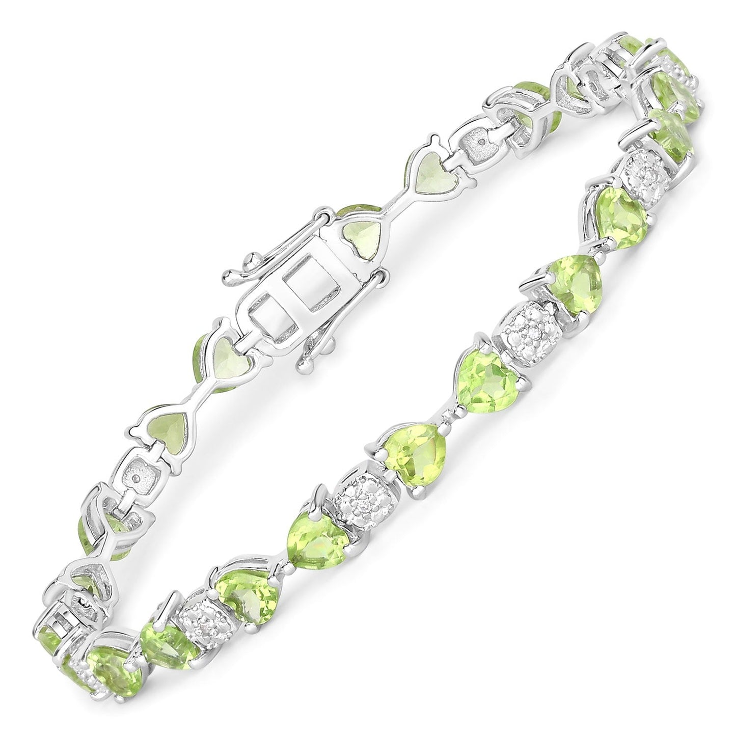 9.68 Ct Heart Green Peridot & Diamond Prong Silver Tennis Bracelet
