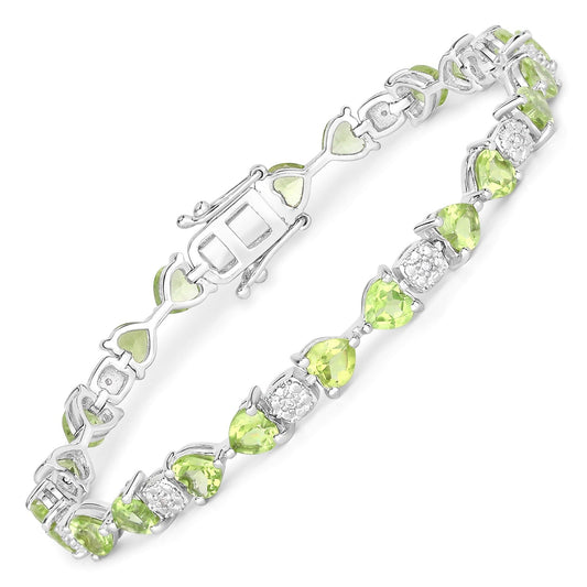 9.68 Ct Heart Green Peridot & Diamond Prong Silver Tennis Bracelet