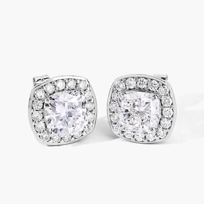 Cushion Lab Grown Diamond Prong Platinum Bridal Halo Stud Earrings