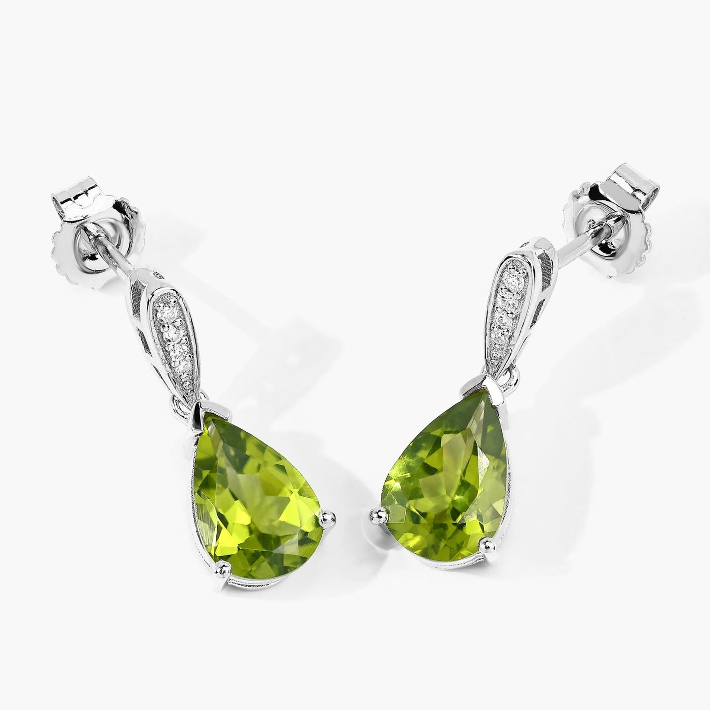 2.70 Ct Pear Green Peridot & Lab Diamond V-Prong Silver Teardrop Dangle Earrings