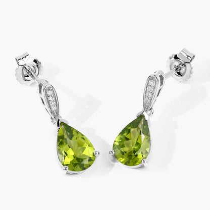 2.70 Ct Pear Green Peridot & Lab Diamond V-Prong Silver Teardrop Dangle Earrings